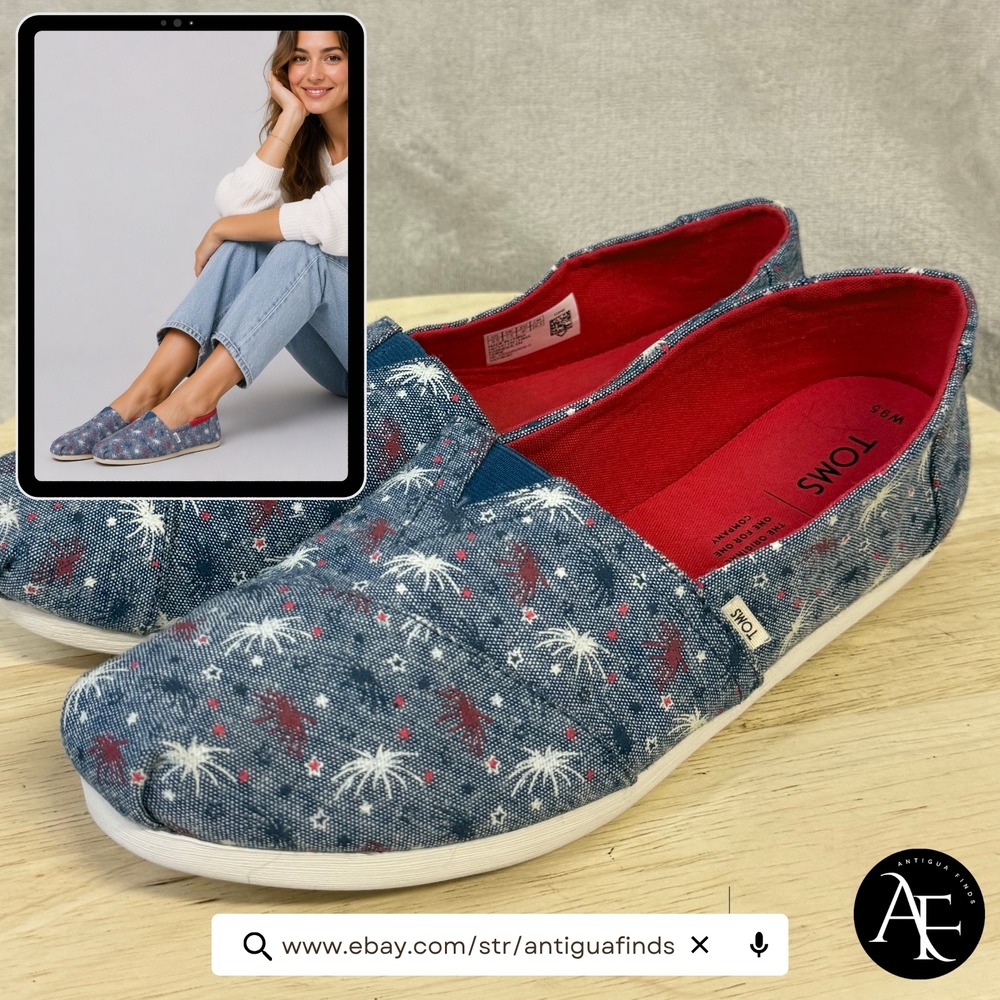 TOMS Womens 9.5 Blue Firework Patriotic Fourth of July Alpargata Slip On Shoes